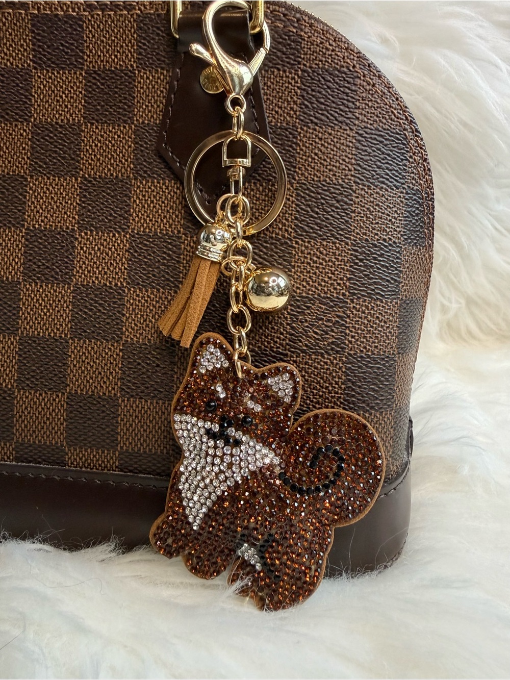Crystal dog bag Charm Keychain with Tassel - Brown & Gold